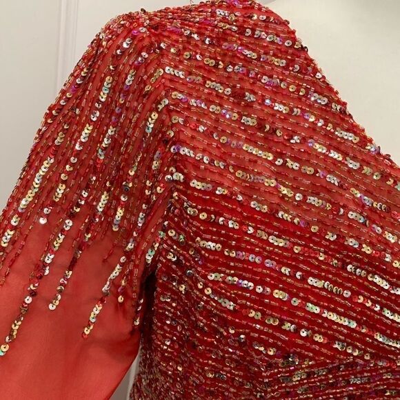 Vintage Red long-sleeve  beaded and sequined chiffon evening dress - Picture 10 of 14